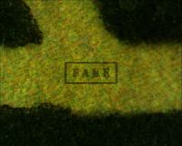 FRANKENSTEIN R47 - Here a microscope image taken from the "A" IN "RELEASE" as it appears in the bottom right corner of the poster. We can clearly see the patterns created by a modern ink jet printer when compared to an authentic analog print of similar vintage. (Poster)