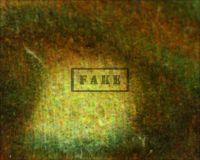 frankenstein title card 003 - Here a microscope image taken from the eye of the man near the center of the image. Here there should be naked, fibrous paper but instead we see the ink jet patterns from a modern digital printer. (Poster)